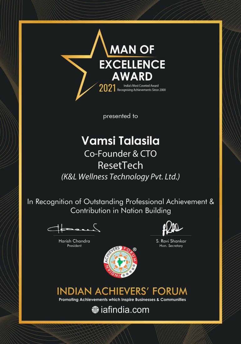 Certificate: Man of Excellence Award 2021, Indian Achievers' Forum